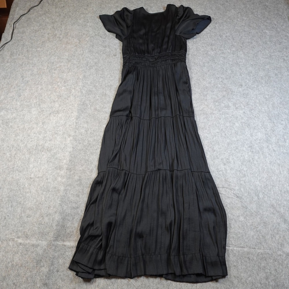 Anthropologie Dress Womens Small Satin Somerset Maxi Tiered Black Flutter Sleeve - Picture 6 of 10